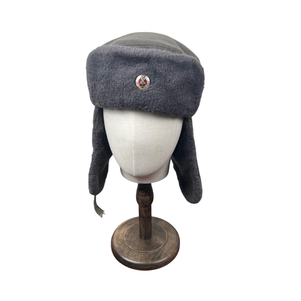 East German NVA Military Ushanka Winter Hat DDR Emblem Olive Gray Size 56